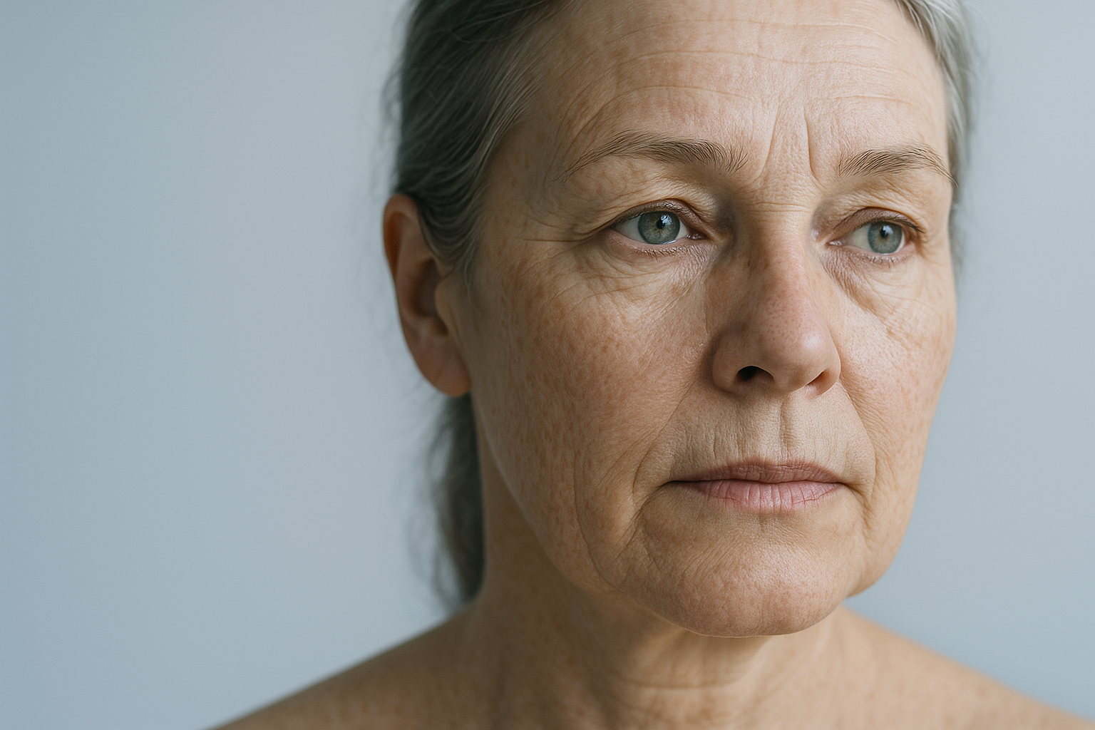 Close-up editorial portrait of mature facial skin with natural texture, cool blue-gray lighting, clinical aesthetic, no text or logos