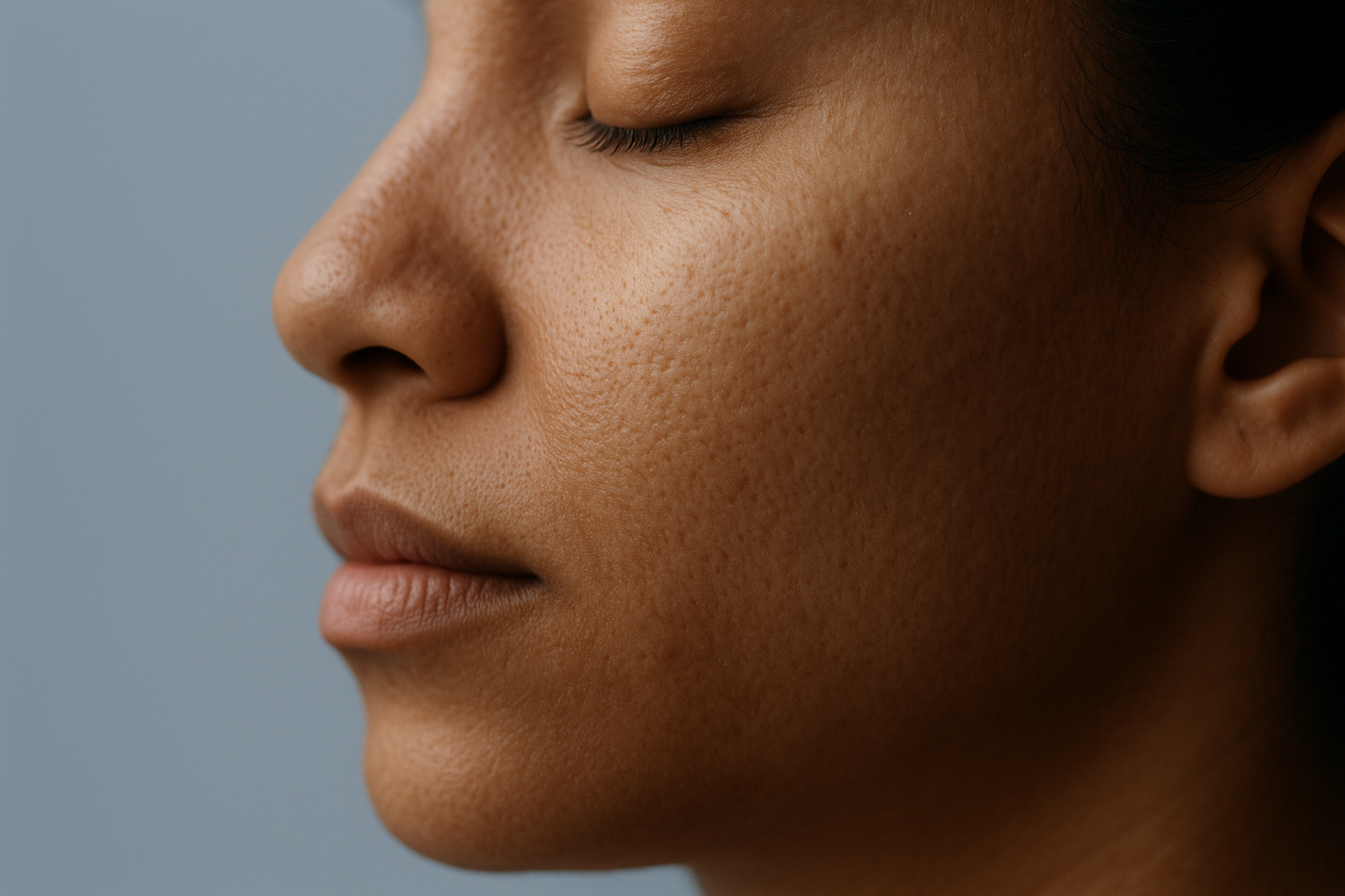 Close-up premium clinical-style photo of a cheek with natural skin texture and cool blue‐gray background