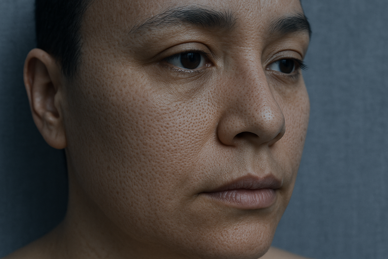 Close crop of healthy, real facial skin in cool blue-gray light; premium clinical editorial look with visible skin texture and no text or logos.