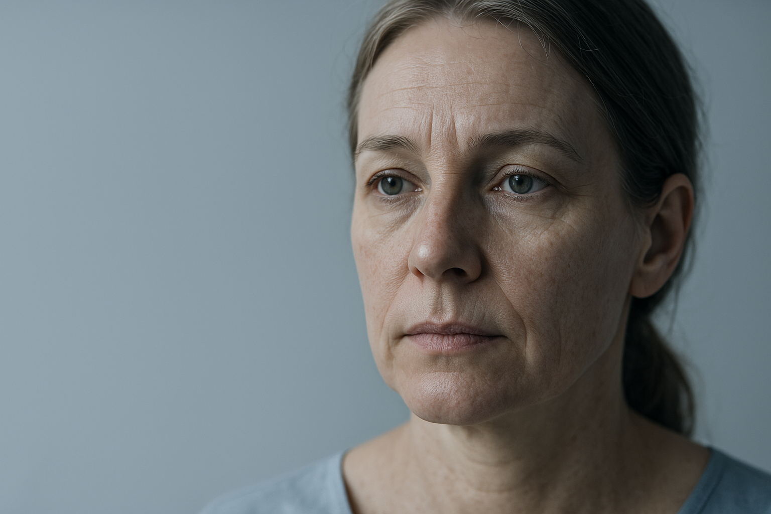 Close-up clinical editorial photograph of a person's cheek and lower eye area in cool blue‐gray tones showing real skin texture (pores, fine lines) — no text or logos.