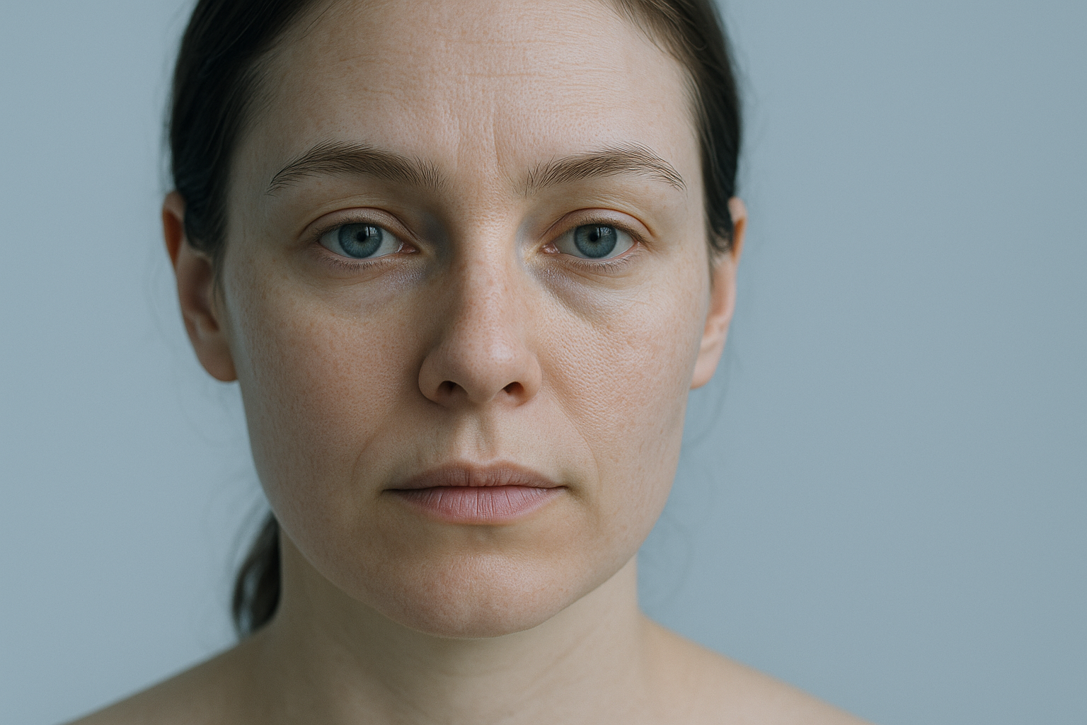 Close-up editorial clinical photograph of real facial skin texture in cool blue-gray lighting, shallow depth of field, no text or logos.